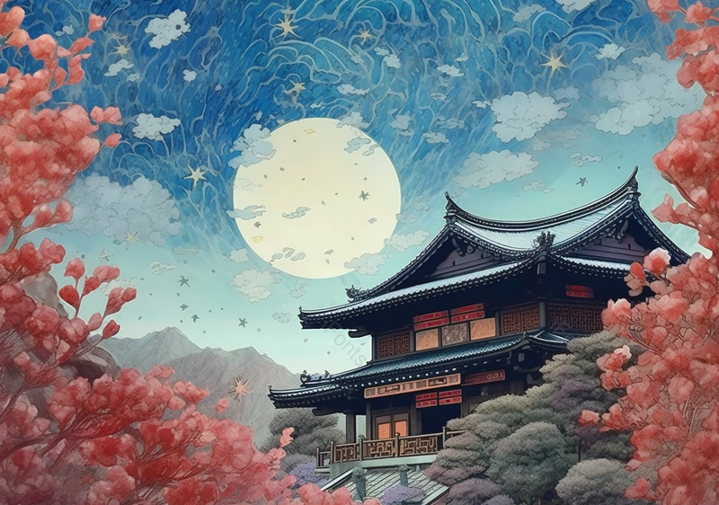 蓝色夜空红色树木清晰圆月古建筑国潮节日背景插画,插画/手绘图,插画/手绘图库,插画/手绘图下载,插画/手绘